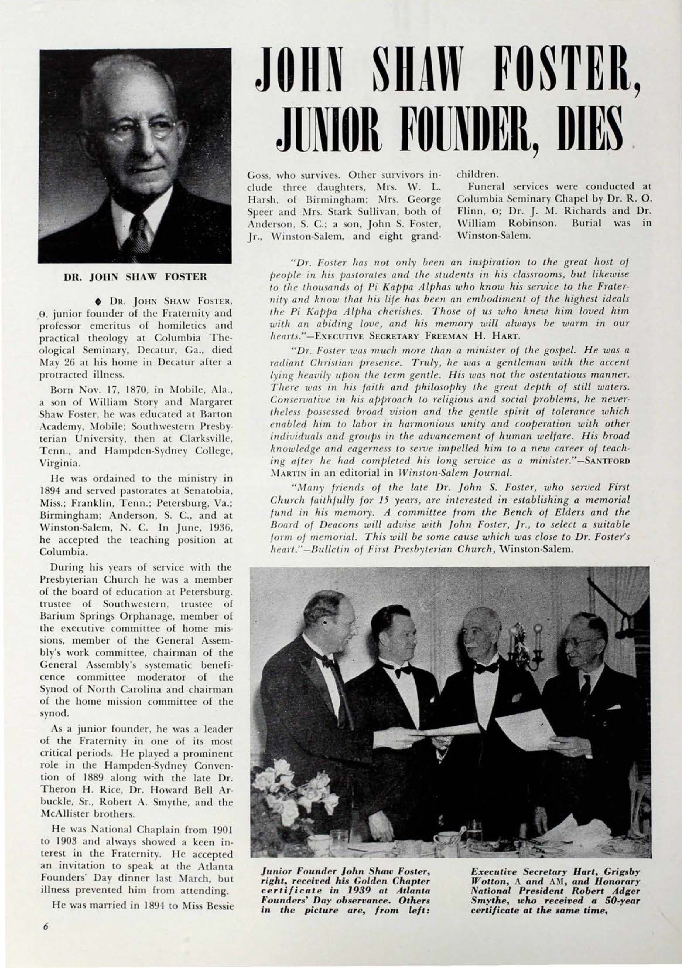 John Shaw Foster Junior Founder, Dies